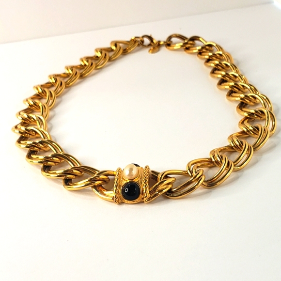 Vintage Signed Chunky Chain Double Link Collar Necklace with Pearl Accents - Picture 3 of 8